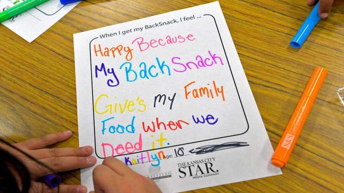 
Children in the Center School District recently made colorful notes and pictures expressing their feelings about the BackSnack packs of food they receive on Fridays to take home for the weekend.
