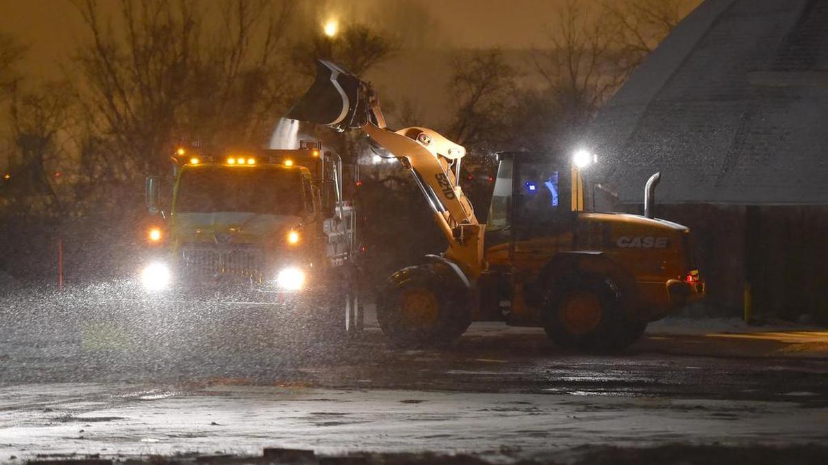 Missouri Department of Transportation trucks loaded up with salt before heading out.