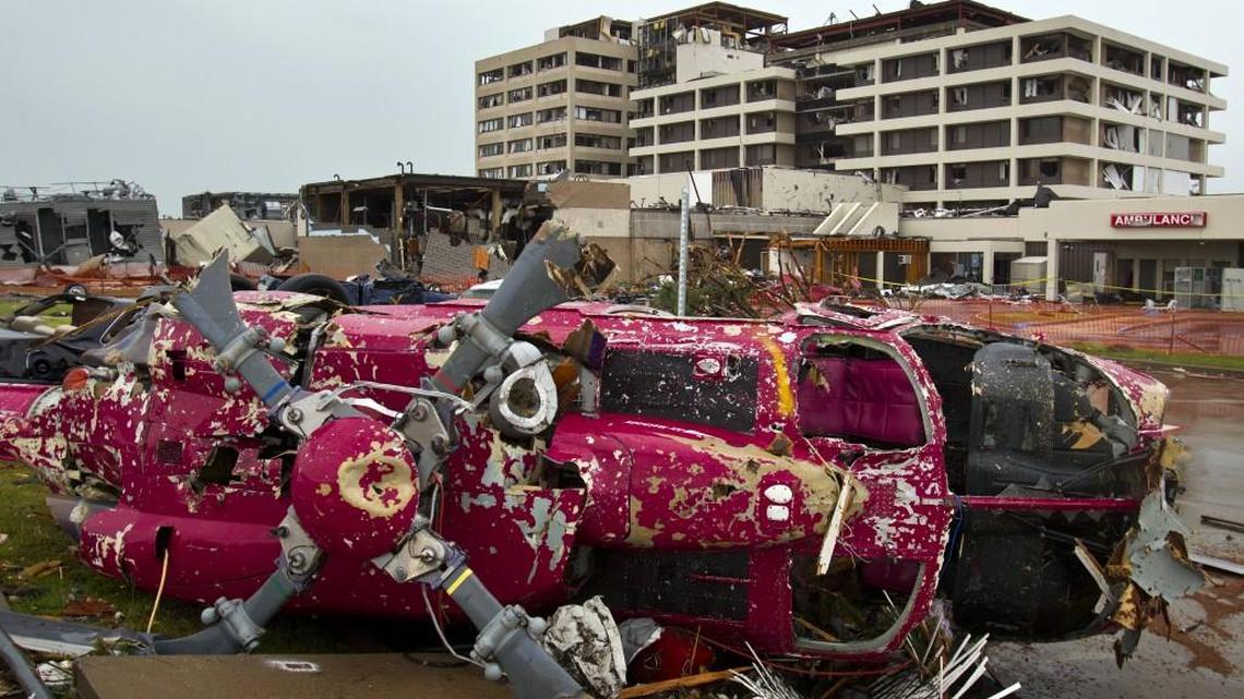 The medical helicopter at St. John’s Regional Medical Center in Joplin lay crumpled in a parking lot on May 23, 2011, after a tornado that swept through the center of Joplin.