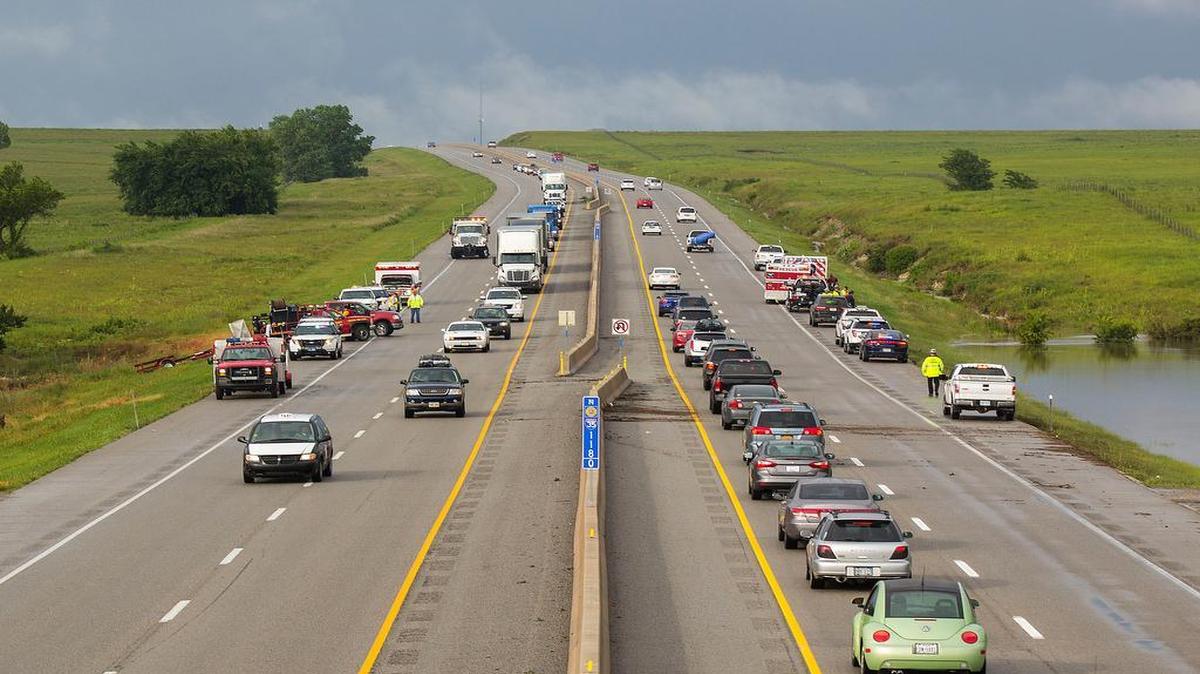 
Emergency crews on July 10 searched high water near mile marker 118 on the Kansas Turnpike near Emporia for a car that lost control during an afternoon thunderstorm. Zachary Clark of Keller, Texas, was killed when his car was sucked into a drainage culvert, a Highway Patrol investigation has found. 

