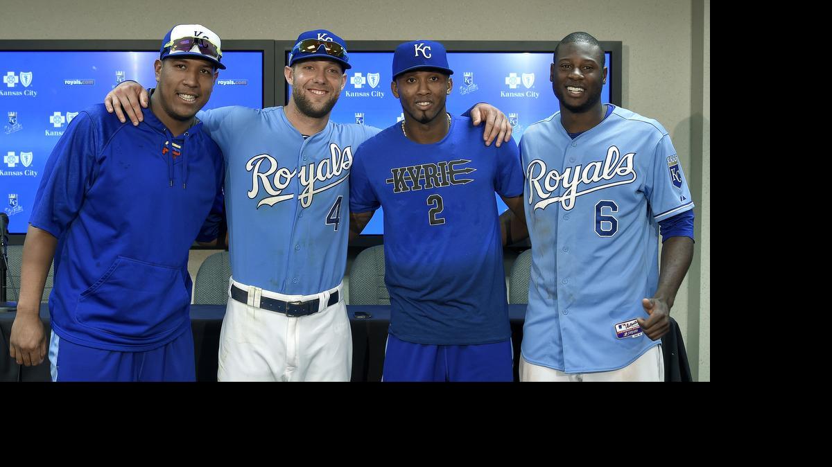 
Kansas City Royals All-Stars for the 2015 game in Cincinnati are Salvador Perez, Alex Gordon, Alcides Escobar and Lorenzo Cain, who gathered for a photo at Kauffman Stadium following the teams 3-2 win over the Minnesota Twins on July 5, 2015 at Kauffman Stadium in Kansas City, Mo.
