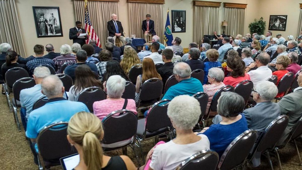 
Kansas Gov. Sam Brownback and State Sen. Steve Fitzgerald had a large crowd attend Thursday’s town hall meeting at Riverfront Community Center in Leavenworth discussing the possible transfer of Guantanamo Bay Naval Base prisoners to the U.S. Disciplinary Barracks at Fort Leavenworth.
