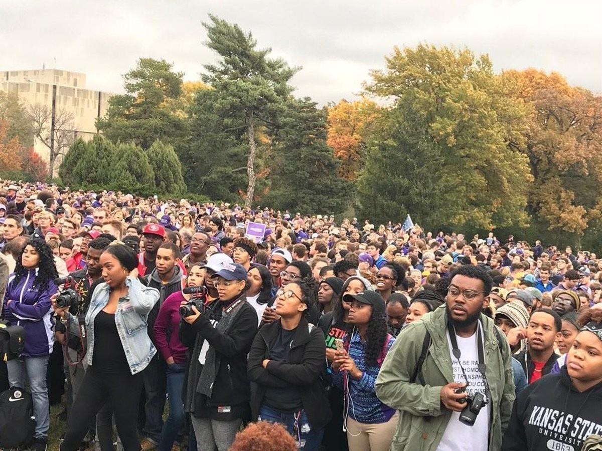 Thousands of students, staff and faculty gathered in a Unity rally at Kansas State University in 2017. A student-led rally is planned for this July 4 in Manhattan, and campus leaders say more rallies for unity may be held on campus when students return in the fall.
