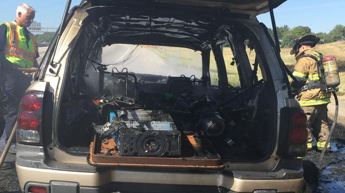 
Brian Orlich’s 2006 Chevrolet Trailblazer after it caught fire Saturday on Interstate 670 near the West Bottoms. A woman who was driving a car behind Orlich’s alerted him to the fire.

