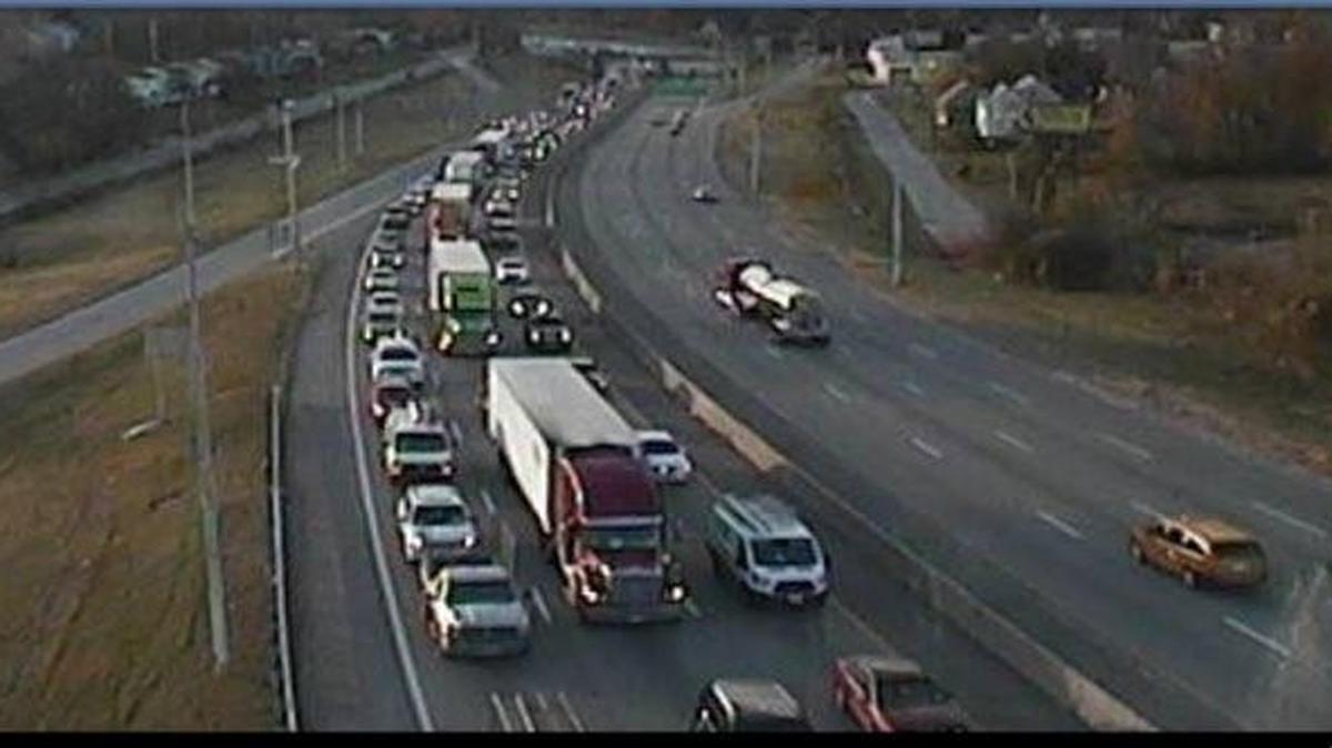 Traffic was backed up early Friday on I-70 westbound coming into downtown Kansas City because of lane closures.