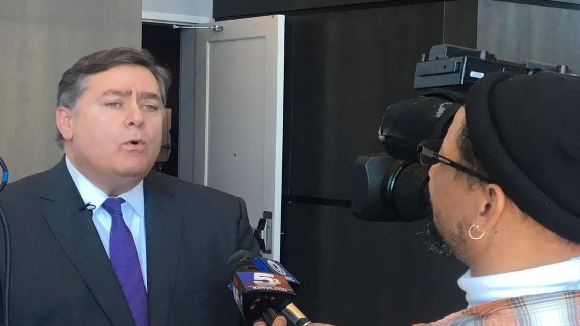 Olathe Mayor Mike Copeland spoke to the media following his State of the City speech. In addition to extolling the city’s achievements this past year, Copeland also addressed the deadly shooting at Austins Bar & Grill.