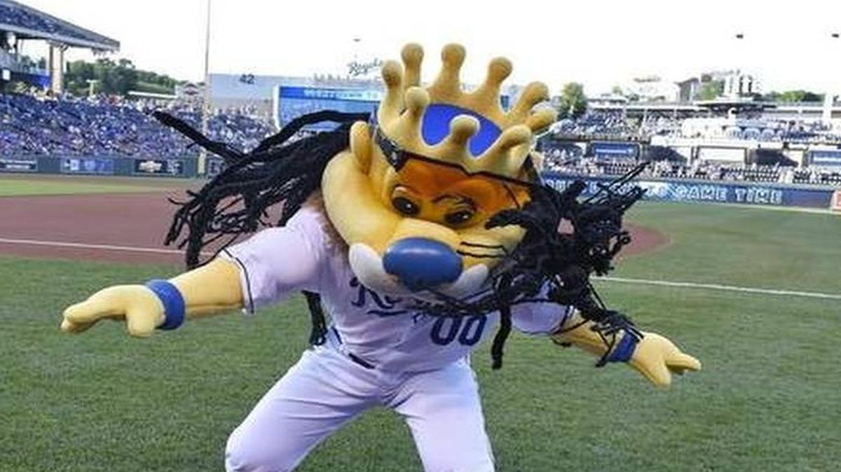 
Kansas City Royals mascot Sluggerrr worked the dreads in honor of starting pitcher Johnny Cueto’s first home appearance before Monday’s baseball game against the Detroit Tigers at Kauffman Stadium.
