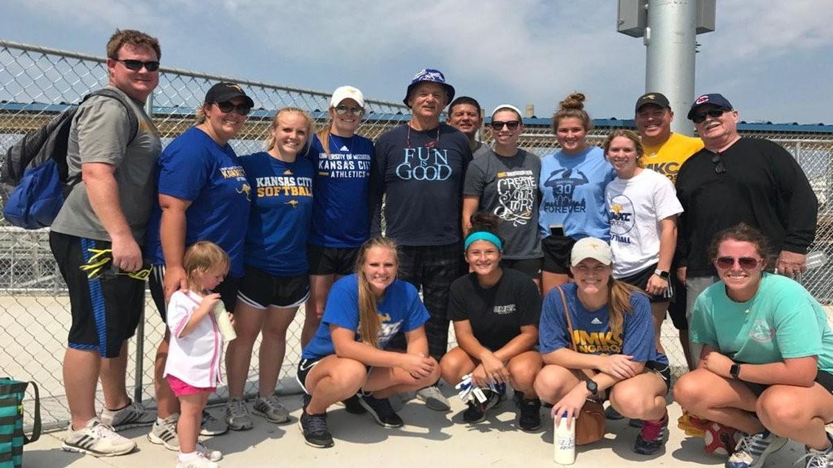 Actor Bill Murray (middle) and his brother Brian Doyle-Murray (far right, top row) made a surprise stop at the Kansas City Urban Baseball Academy in the 18th and Vine District which included an impromptu meet-and-greet with the University of Missouri-Kansas City’s softball team.