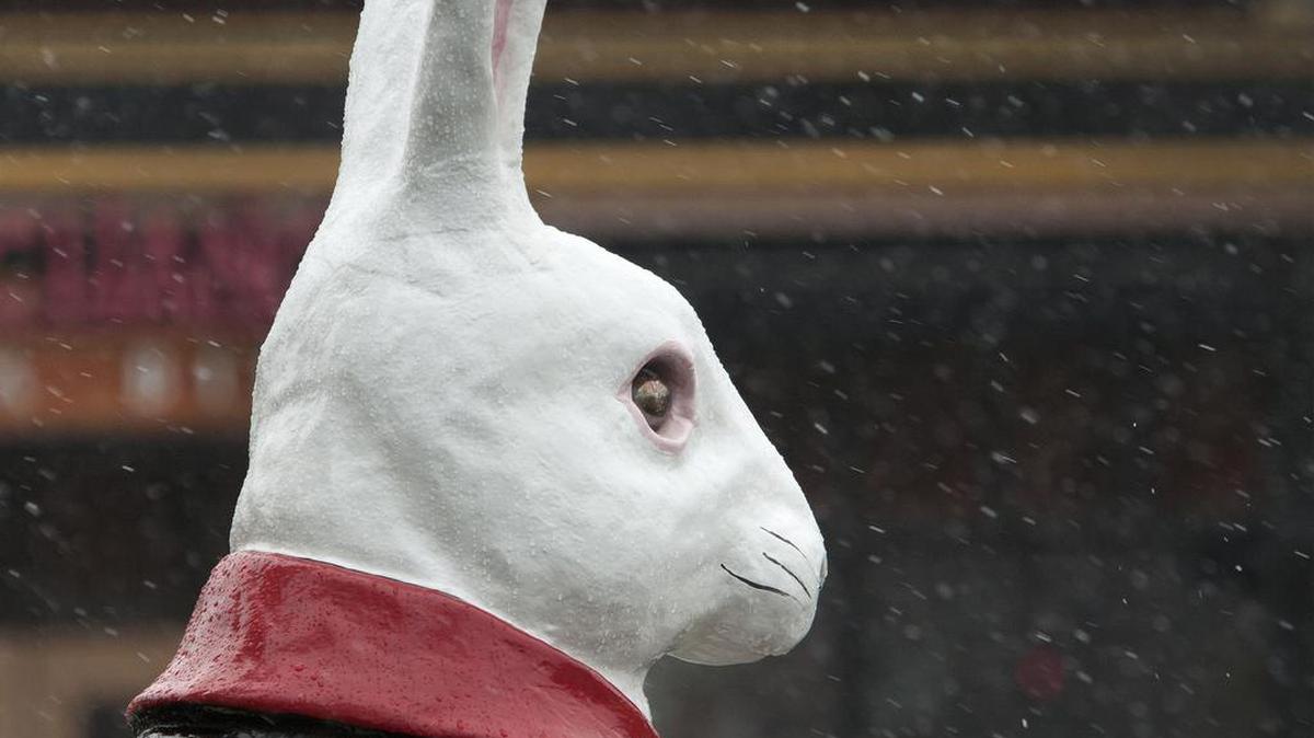A Plaza bunny is seen in an April 2016 file photo during a particularly cold Easter Sunday.