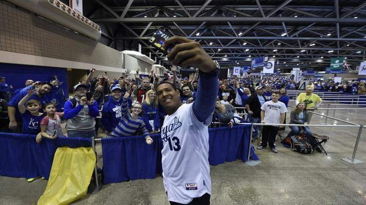 
Salvador Perez took a selfie with fans waiting in line to get autographs at Friday’s Kansas City Royals FanFest at Bartle Hall. After the team’s trip to the World Series in the fall, fans weren’t surprised to see a boost in attendance at this year’s preseason event.
