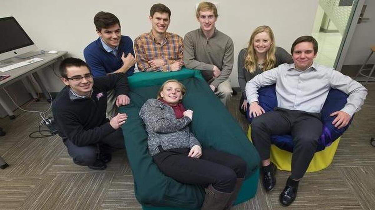 
Students at the Center for Advanced Professional Studies in the Blue Valley School District have applied for a patent and hope to eventually market Sensory Chair™ and Sensory Lounger™ for less than $1,000. Involved in the project are students Trey Pellen (clockwise from left), 17, Daniel Jezmir, 17, Peter Bentele, 18, Zach Naatz, 18, Jenna Felsen, 17, Austin Edmondson, 17, and Andy Vietti, 17. 
