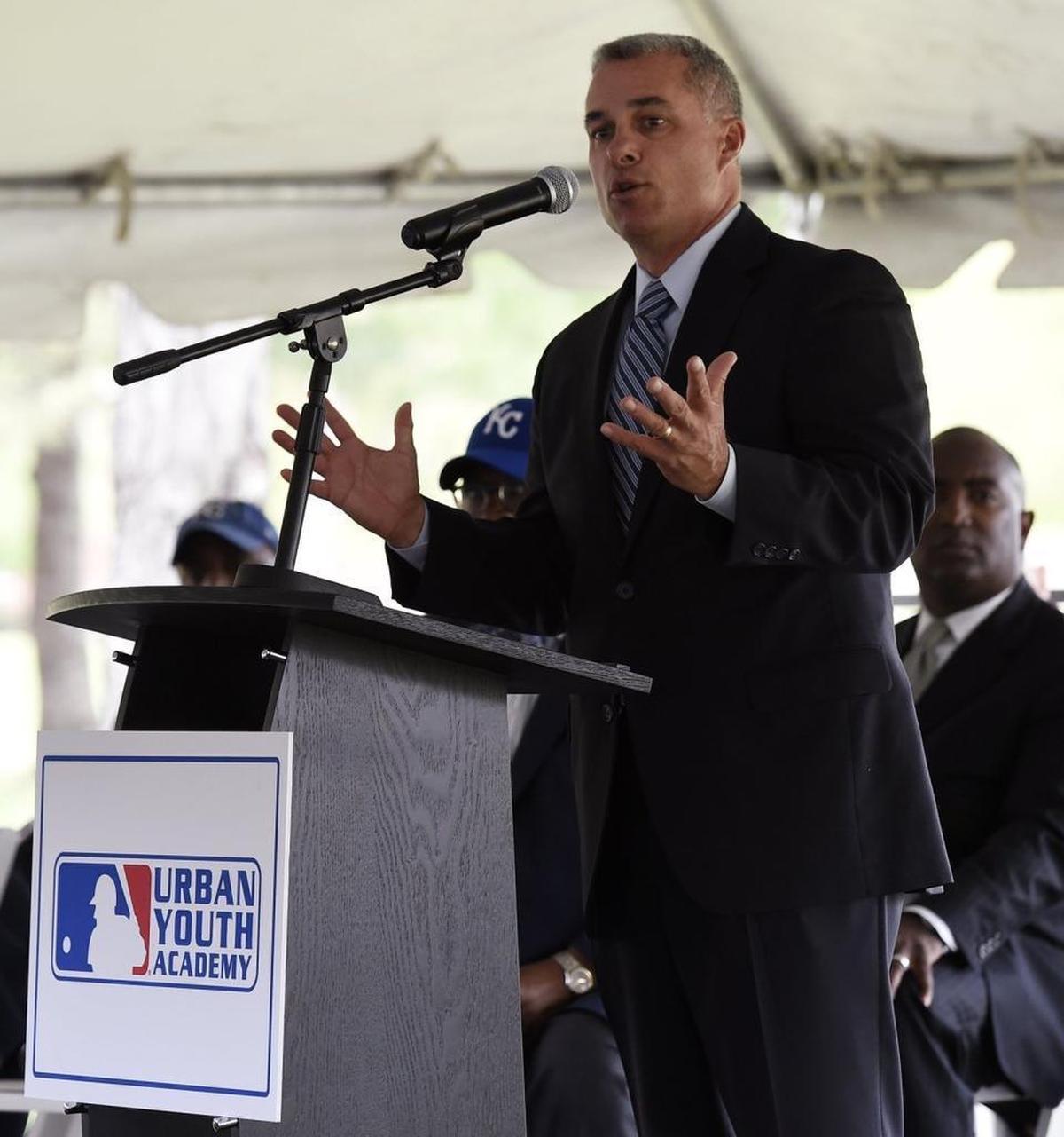 Royals general manager Dayton Moore spoke at the Urban Youth Academy’s groundbreaking ceremony in April 2016. Moore has been one of the academy’s biggest boosters, calling it “as important as anything we do.”