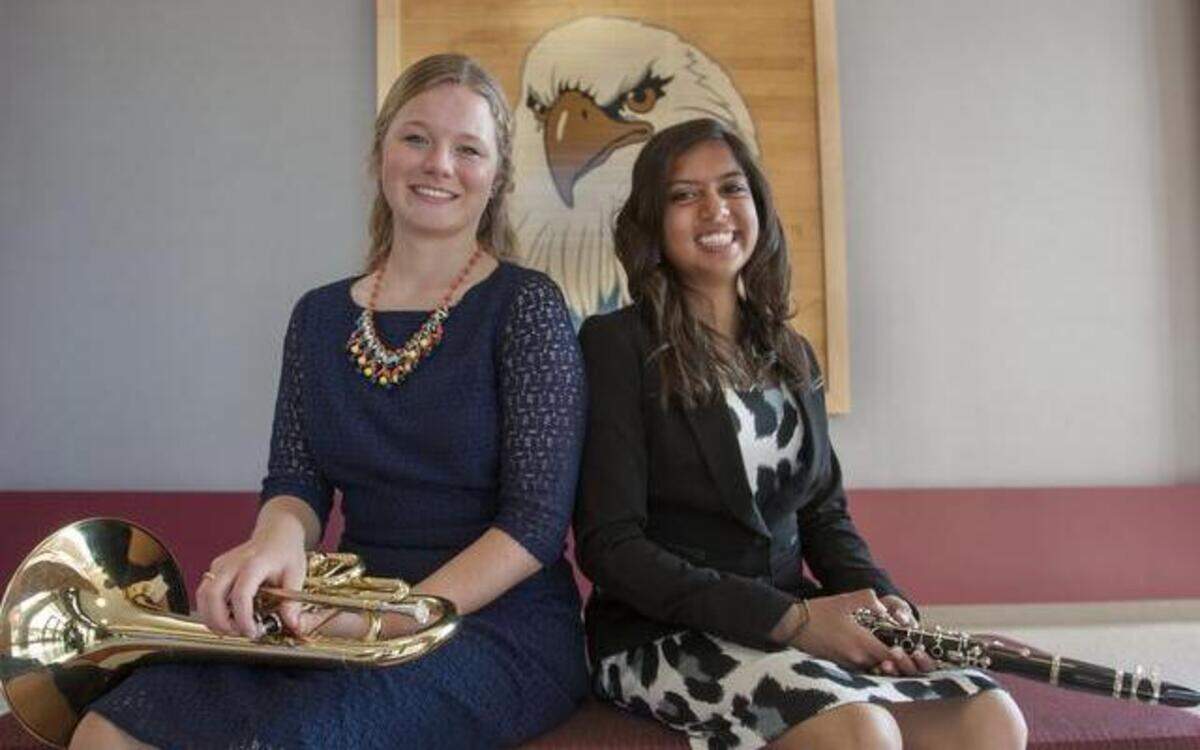 
Carolyn Culp (left) and Marisha Madhira have been awarded places in the U.S. Army All-American Bowl Marching Band. Culp plays the mellophone and Madhira plays the clarinet in the Olathe North Screamin’ Eagle Marching Band.
