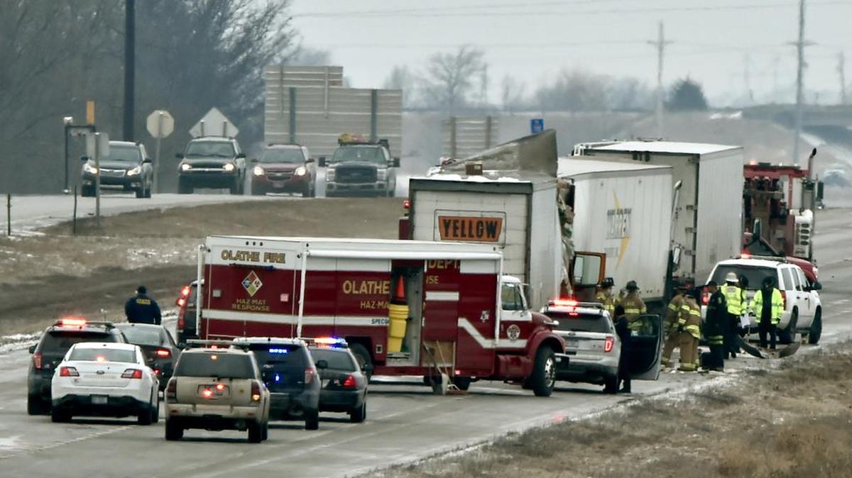 Emergency personnel worked the scene of a three-truck accident Wednesday afternoon on southbound I-35 near 159th Street. The southbound lanes were closed at 159th.