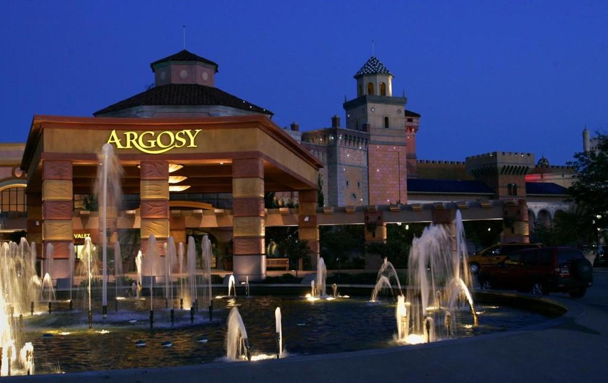 The exterior of the Argosy Casino in Riverside can be seen sparkling at dusk.