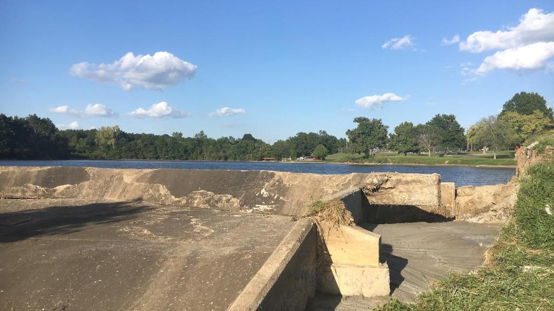 Harrisonville Parks Director Chris Deal said he found broken concrete at the damaged spillway on Aug. 22, the day City Park flooded. Repairs were completed, and the city drained the lake by a few feet to prevent another flooding situation.