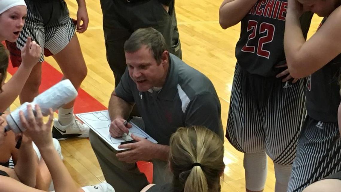 Archie girls basketball coach Brian Thomas talked to his team during a timeout during their first-round game Jan. 22 in the Archie Tournament. Like many other coaches, Thomas has both coached and played in the 88-year-old tournament.