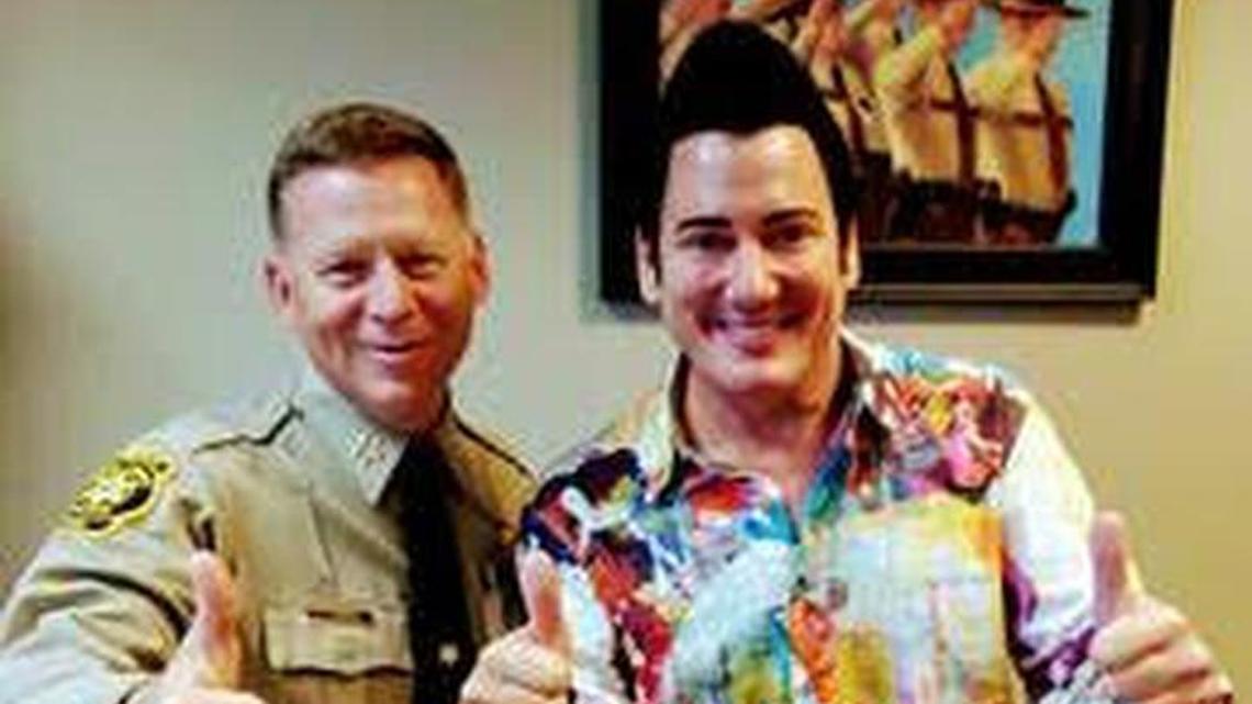 Cass County Sheriff Jeff Weber (left) and the DARE unit of the Cass County Sheriff’s Office welcomed Retro Bill to assemblies at 17 schools Oct. 10-12.