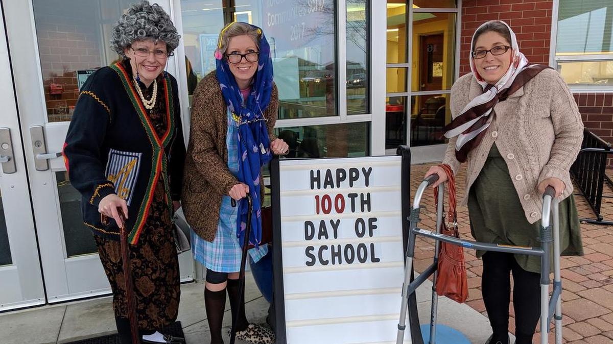 Kindergarten teachers at Creekmoor Elementary School dressed as 100-year-old teachers on Feb. 4: (from left) Liz Oldham, Elise Schnarr and Amy Russell.