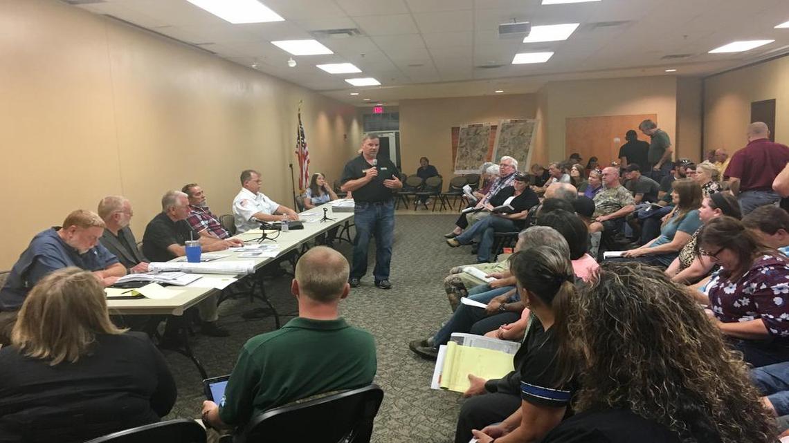 Nearly 100 people attended a town hall meeting Tuesday, Aug. 29, 2017 at the Harrisonville Community Center where city leaders heard from citizens affected by the most recent flooding event in Cass County. The city said it submitted preliminary disaster assessments to the county in order to begin the process to try to receive federal assistance. About a dozen residents expressed disappointment with the city’s response to the disaster last week.
