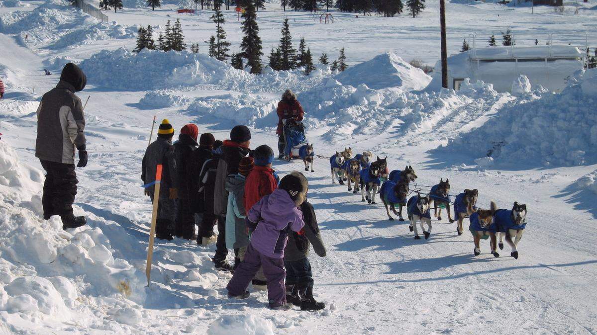 School kids welcoming a team to the grand finale of the Iditarod, a 900-plus mile race in Alaska.