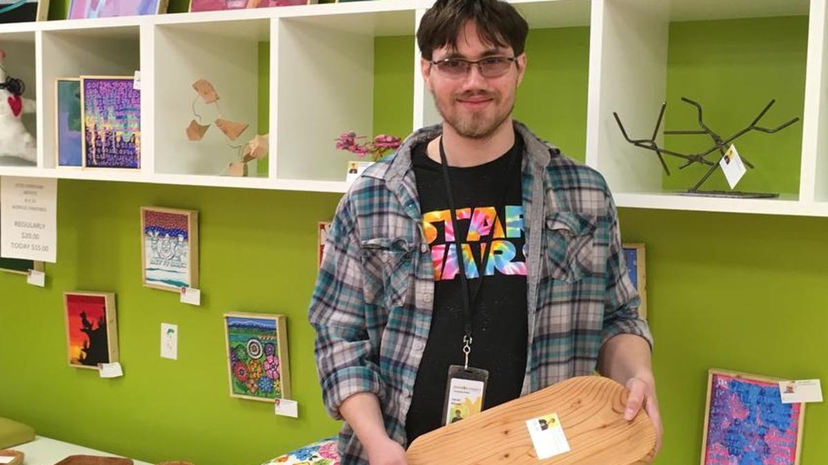 Woodworking is one way Daniel McLean, 28, of Overland Park expresses his creativity in the Emerging Artists Program of Johnson County Developmental Supports. He was one of 10 artists selling their works at the program’s annual art sale.