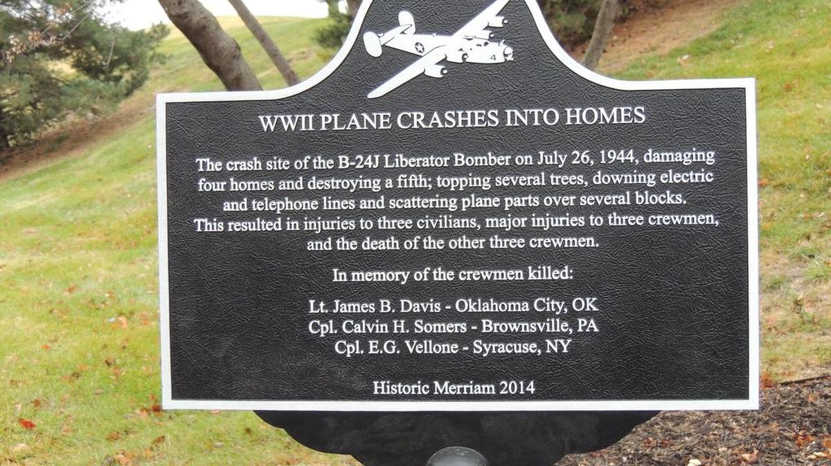 
This plaque about a 1944 plane crash in Merriam has been taken from the 4-foot pipe that held it in its place along Antioch Road near the Cinemark movie theater at Merriam Town Center.
