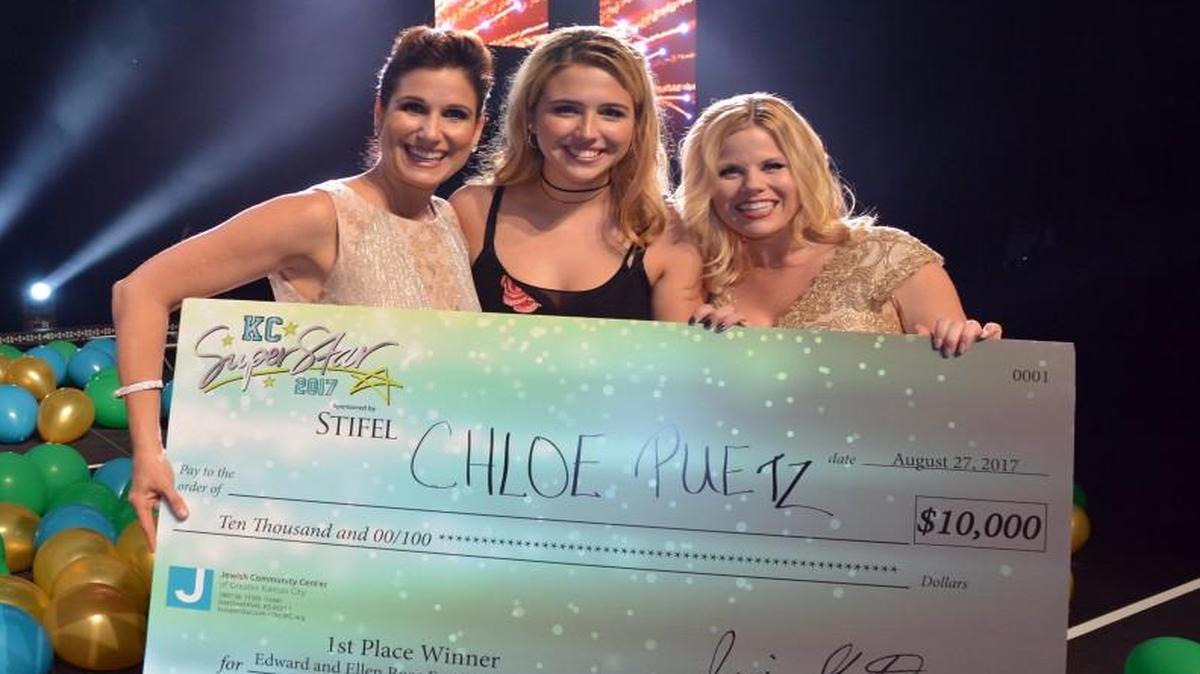 From left, host Stephanie J. Block, winner Chloe Puetz and Megan Hilty.