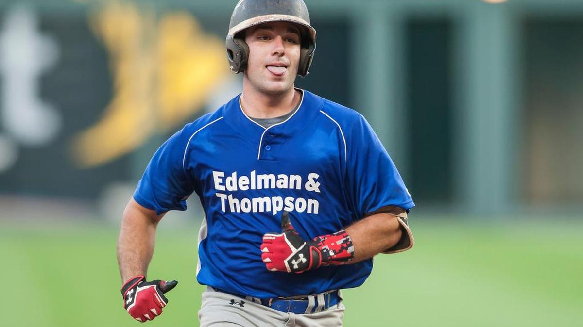 Nick Gavin of William Jewell College gestures to his dugout after hitting a homerun during the Ban Johnson All-Star Game on Monday July 9, 2018 at Kauffman Stadium in Kansas City, MO.  Nick Tre. Smith/Special to the Star.