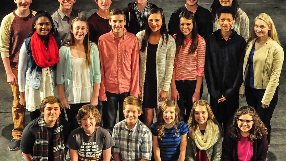 The cast of “13”: (front row, from left) Samuel Wise, Joshua L. Holloway, Cael Kuhn, Emerson Pereira, Janie Carr, Allison Banks; (middle row, from left) Holly Jackson, Darcie A. Hingula, Jordan Haas, Katie Hulla, Libby Terril, Sheridan Mirador, Callie Fabac; (back row, from left) Jackson Berland, Jared Berlin, Fisher Stewart, Jackson Tomlin, Jake Bartley, Devyn Trondson