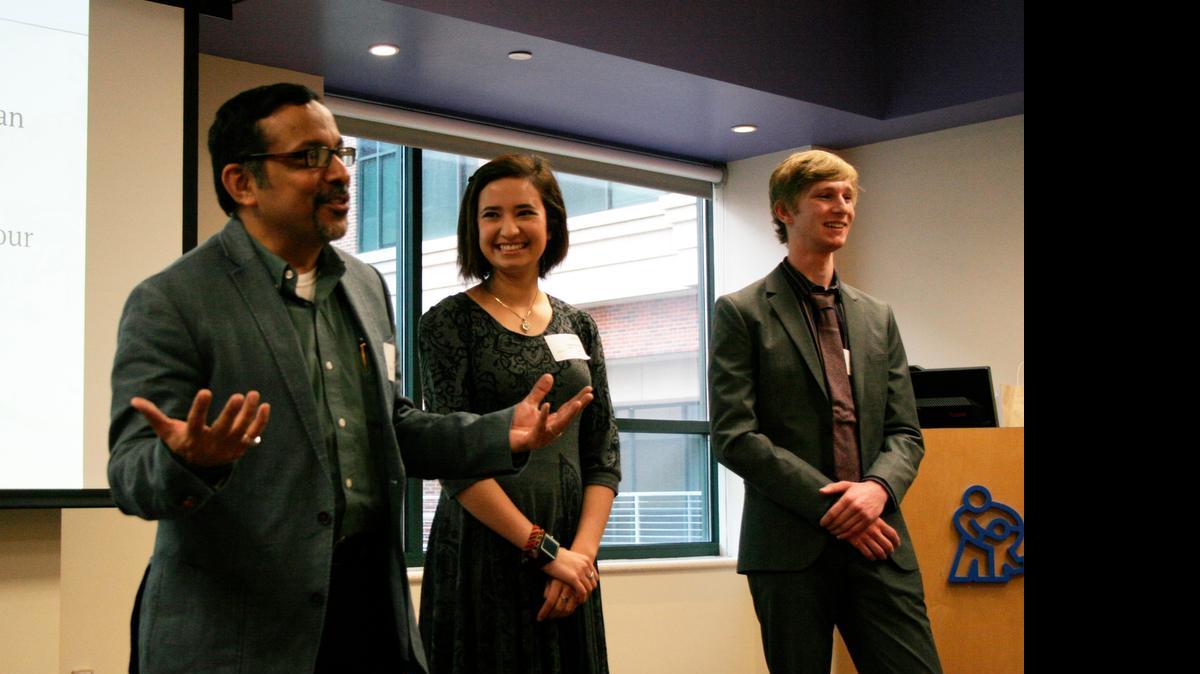 
Sophia Porter (center) presented the details of the Swipe app at Children’s Mercy Hospital with her mentor, Hussein Haideri, and team member Kai Marshland.
