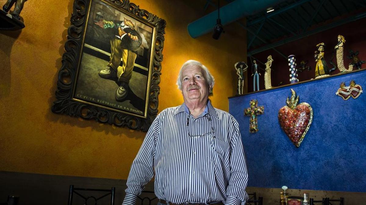 
Chuck Mahowald’s art collection at Panzon’s includes a portrait of himself, “Coyote Portrait de la Panzon,” by Markus Pierson.



