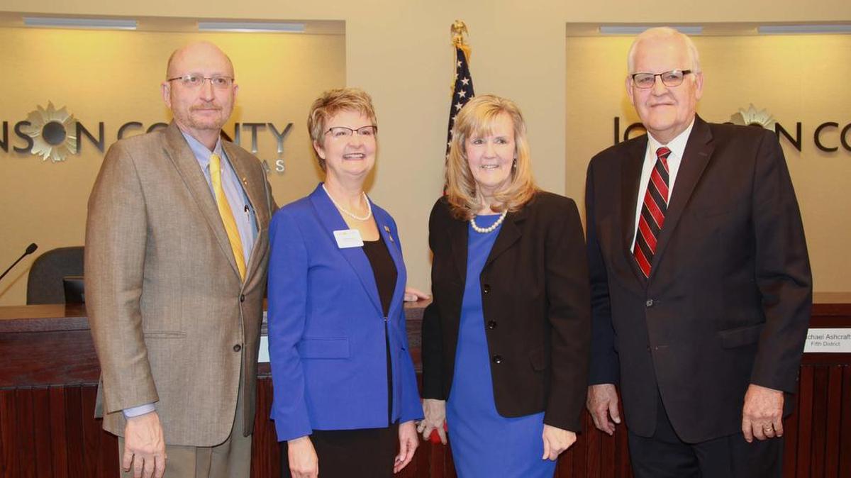 Taking the oath of office last week were four county commissioners elected or re-elected in November: (from left) Michael Ashcraft, newcomers Janeé Hanzlick and Becky Fast, and Commission Chairman Ed Eilert.