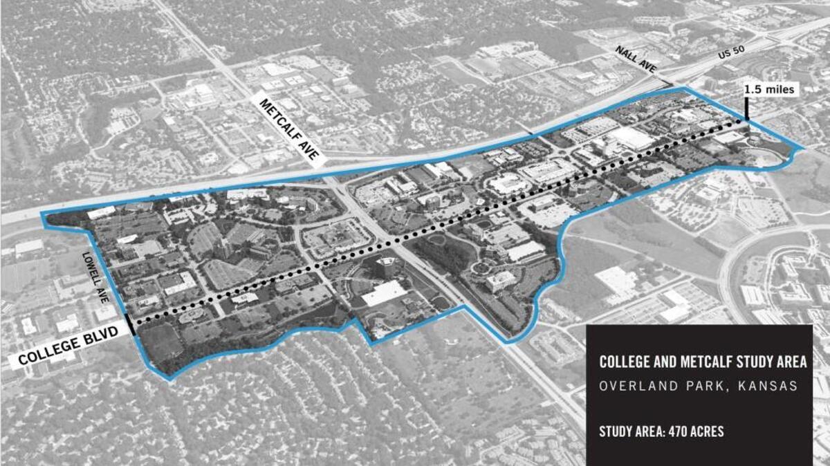 The 470-acre College/Metcalf study area stretches from Lowell to Nall avenues and from Interstate 435 south beyond College Boulevard.