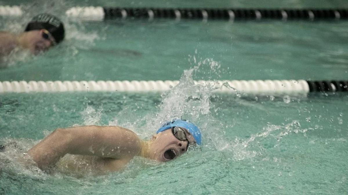 Shawnee Mission East’s Andrew Fey competed in the 200-yard freestyle B final at the Sunflower League swim meet Feb. 3 at Prairie Trail Middle School in Olathe. SM East won the team title with 285.5 points.