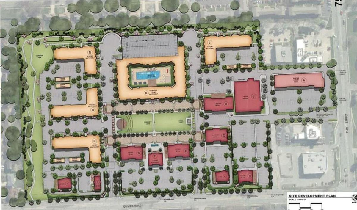 The former Westbrooke Village retail shopping center at 75th Street and Quivira Road that has suffered from vacancy and vandalism in recent years. The new mixed-use development splits the 32-acre site into two zones, which will include new and renovated retail space along with more than 500 apartments, according to developers.