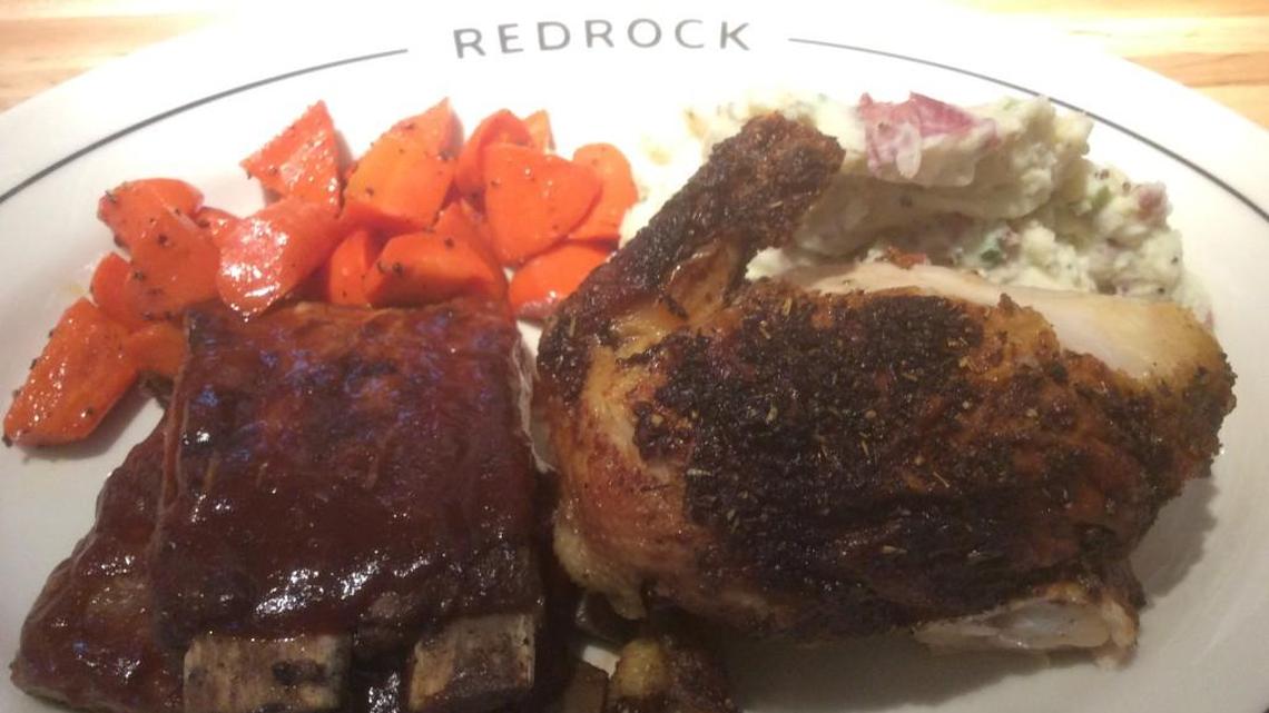 Redrock’s Cluck-n-Oink includes rotisserie chicken, bunkhouse St. Louis barbecue ribs with redskin mashed potatoes and sweet glazed carrots for $21.