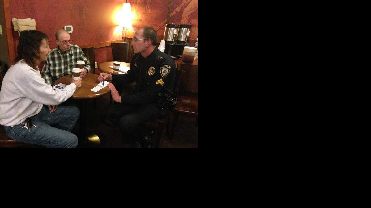 
Brenda Van Hyning and Eugene Tracy recently chatted with Sgt. Gary Graniewski at a Coffee With Cops event, sponsored by the Lenexa Police Department.
