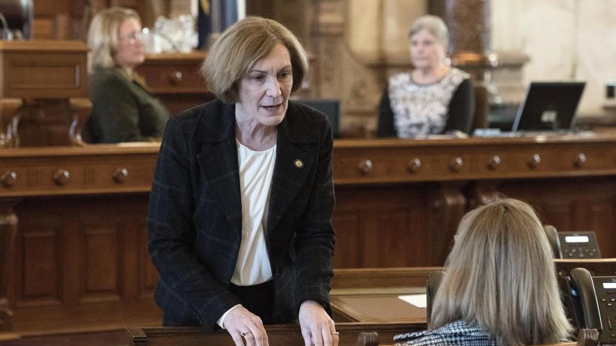 Sen. Barbara Bollier, R-Mission Hills, speaks with a colleague in the Kansas Senate chamber. Bollier was removed from a leadership position and targeted in comments in a Republican Facebook group for endorsing a Democrat challenging U.S. Rep. Kevin Yoder.
