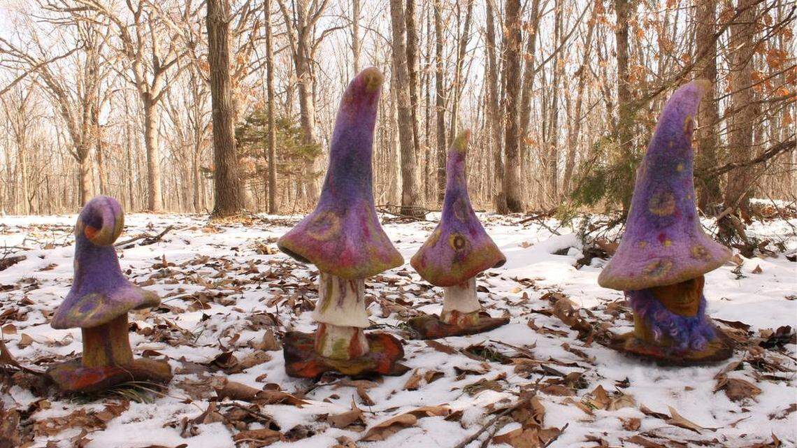Visitors may stumble across these whimsical mushrooms at the Overland Park Arboretum.