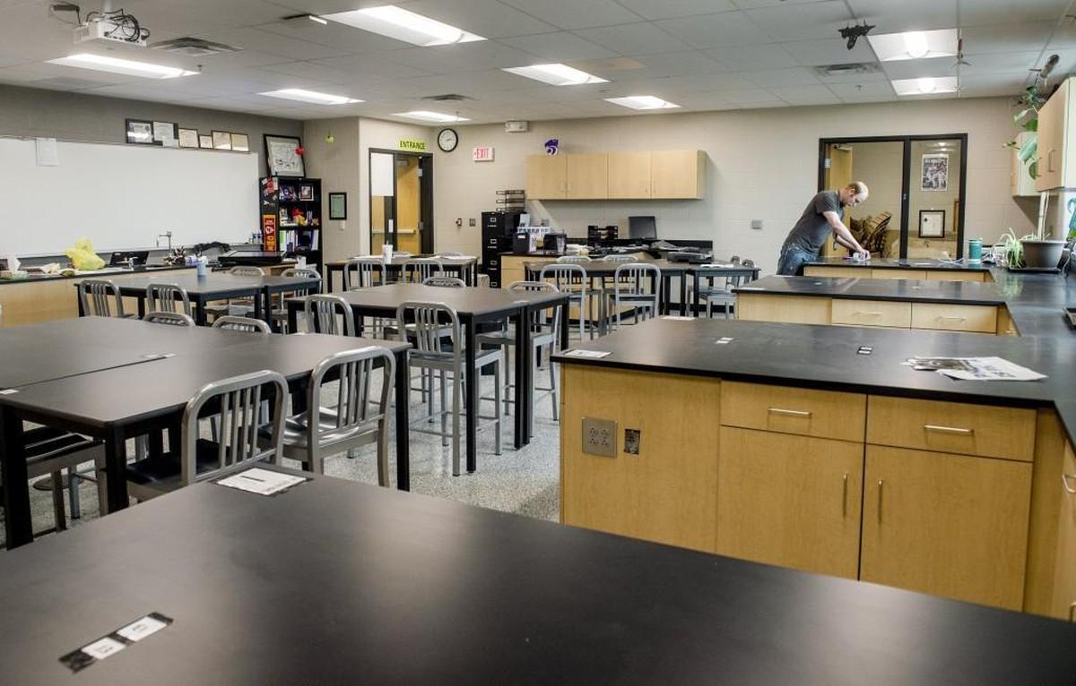 Classroom space added to De Soto High School nearly a decade ago included this classroom and lab, which physics teacher Ben Cook prepared for students.
