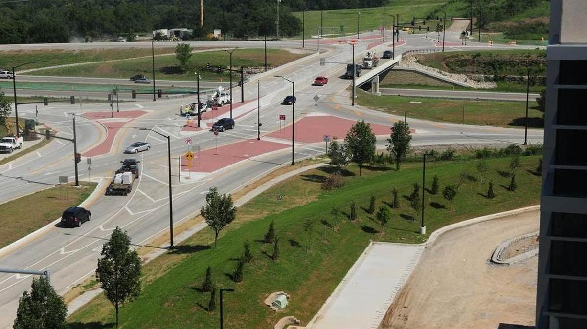 
The new Kansas 10 and Ridgeview Road diverging diamond interchange, as seen from atop the Olathe Convention Center.
