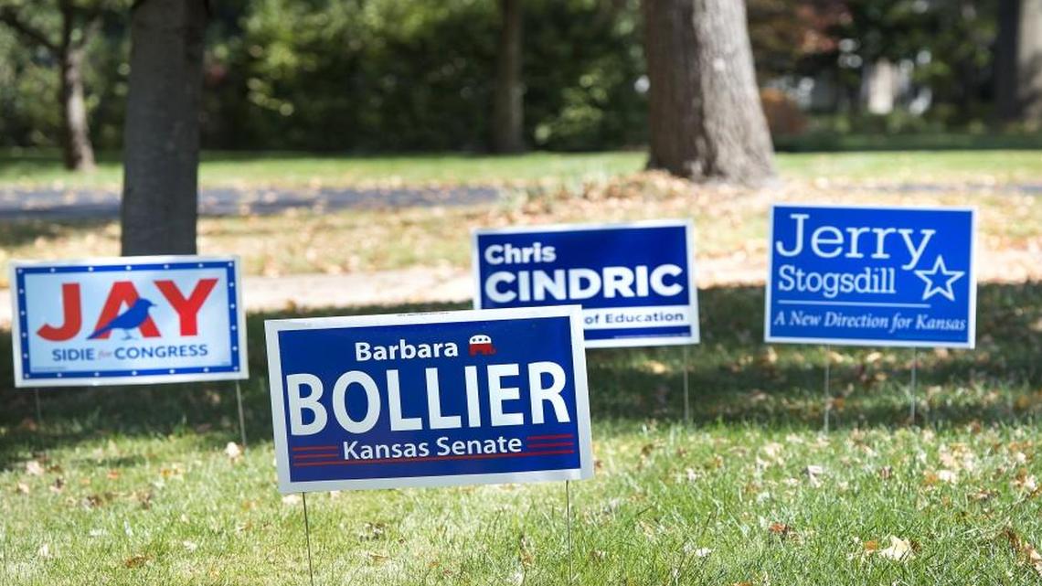 Political campaign signs dot a yard on 71st Terrace in Prairie Village. Moderate Republicans such as Barbara Bollier are hoping to make inroads in the Kansas Legislature this election.