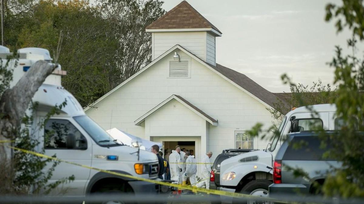 Investigators work at the scene of a mass shooting at the First Baptist Church in Sutherland Springs, Texas on Nov. 5