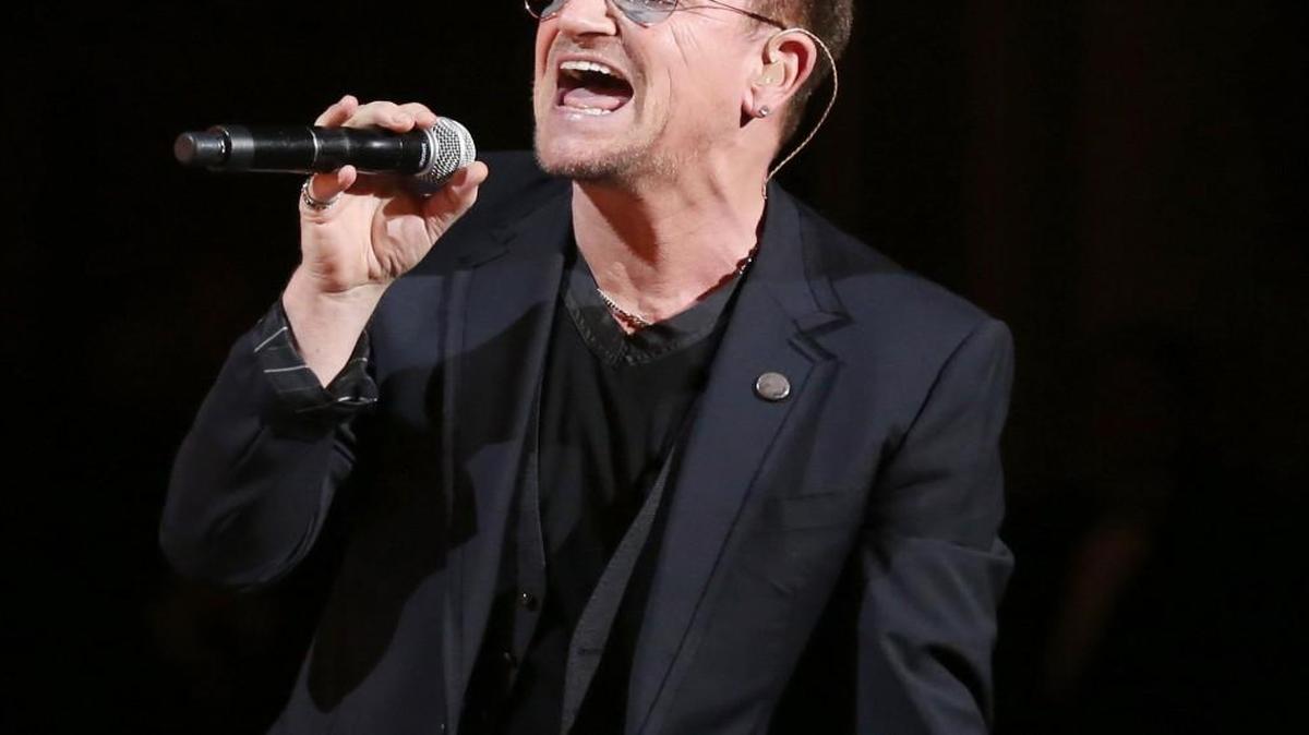 Bono of U2 performs on stage during the Oscars at the Dolby Theatre in Los Angeles.