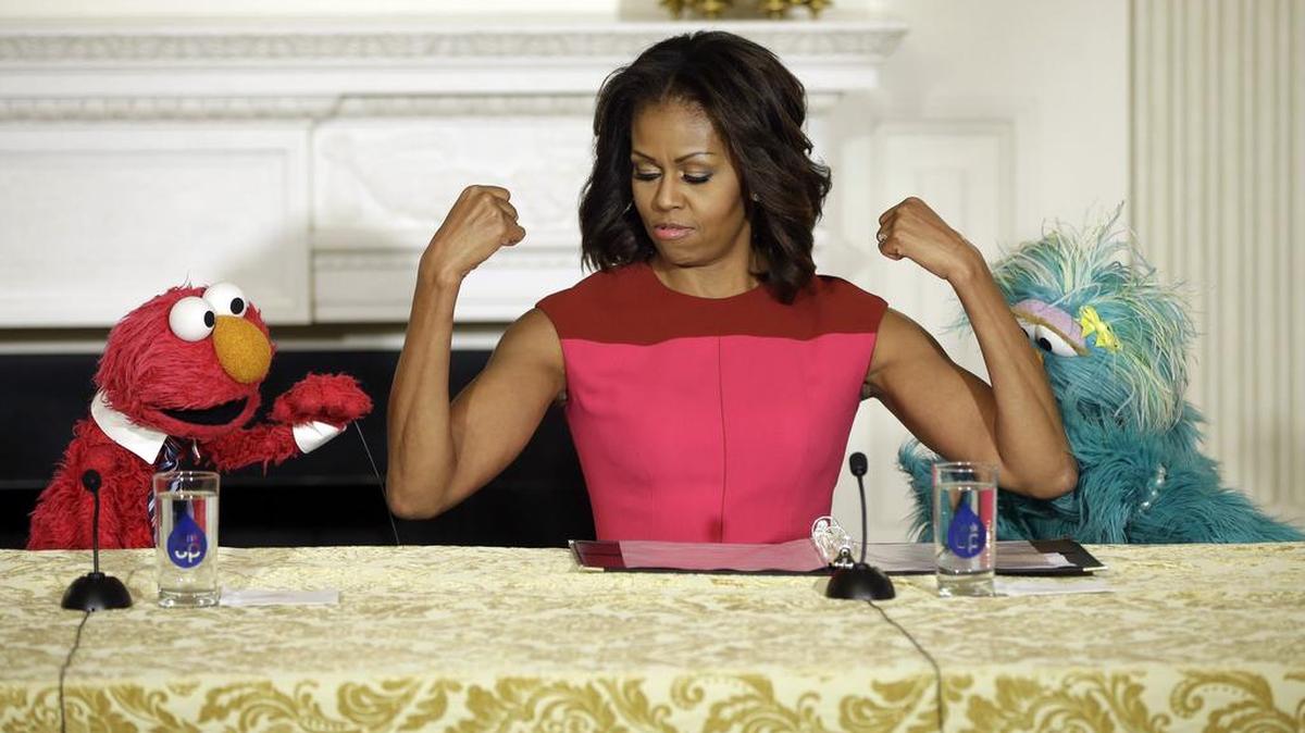 
First lady Michelle Obama showed off her sleeveless arms for Sesame Street characters at an event to promote nutrition. Not everyone can manage to pull off the look.


