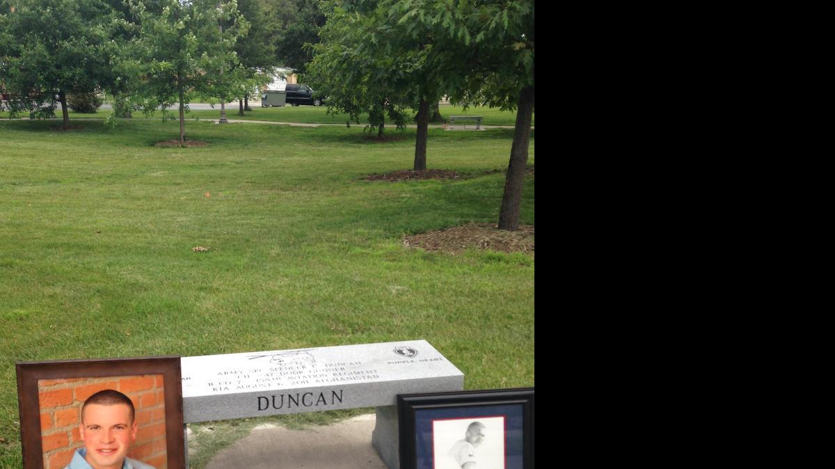 
A bench dedicated to Spencer C. Duncan at Olathe’s Veterans Memorial Park.
