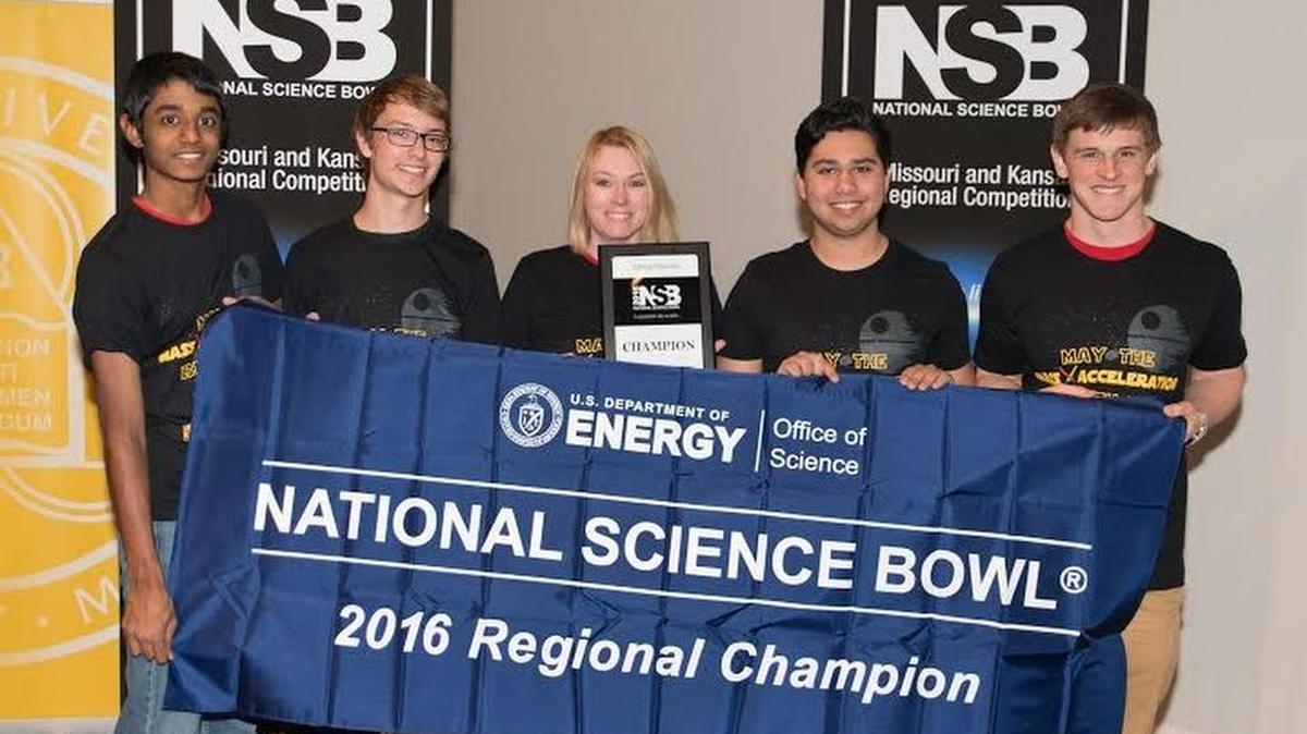Four Olathe North High School students are busy preparing for the upcoming National Science Bowl in Washington, D.C. The team (from left): Arvind Subramanian, Dylan Honors, science teacher Amy Clement, Triton Wolfe and Connor Seacat.
