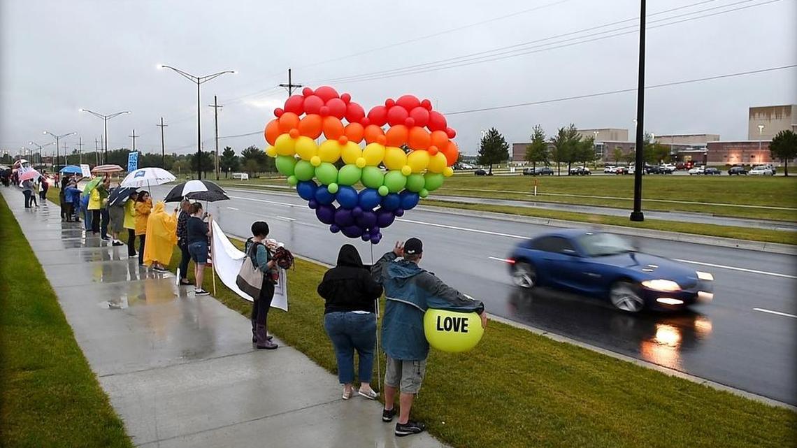 In 2017, supporters rallied outside Olathe Northwest High School in response to taunts against LGBTQ students during a homecoming parade.
