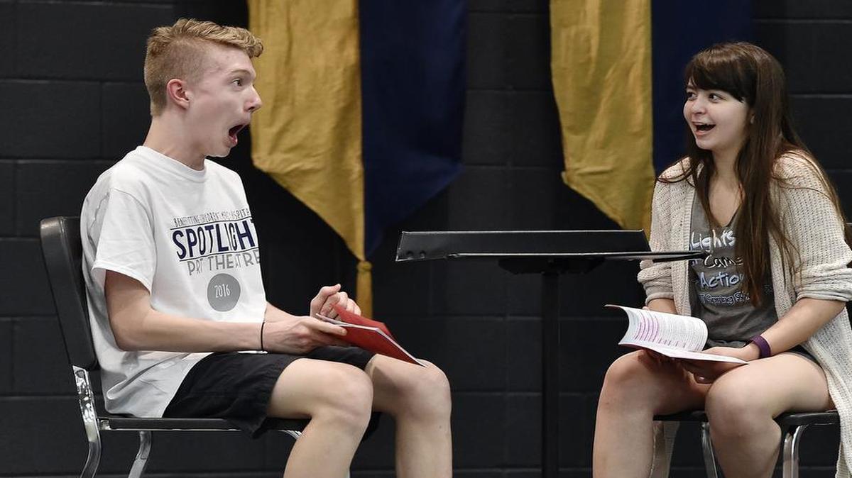 Eighth-graders at Prairie Trail Middle School in Olathe are producing a benefit performance called “The 9 Worst Breakups of All Time” for Children's Mercy Hospital in honor of Blake Lehmkuhl, a classmate who had been hospitalized there for a long time. Evan Wohlenhaus as Teddy and Carley Uhl as Tina rehearsed a scene on Monday.